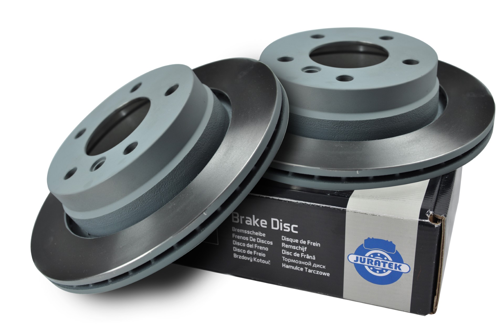 Juratek coated brake discs beside branded packaging